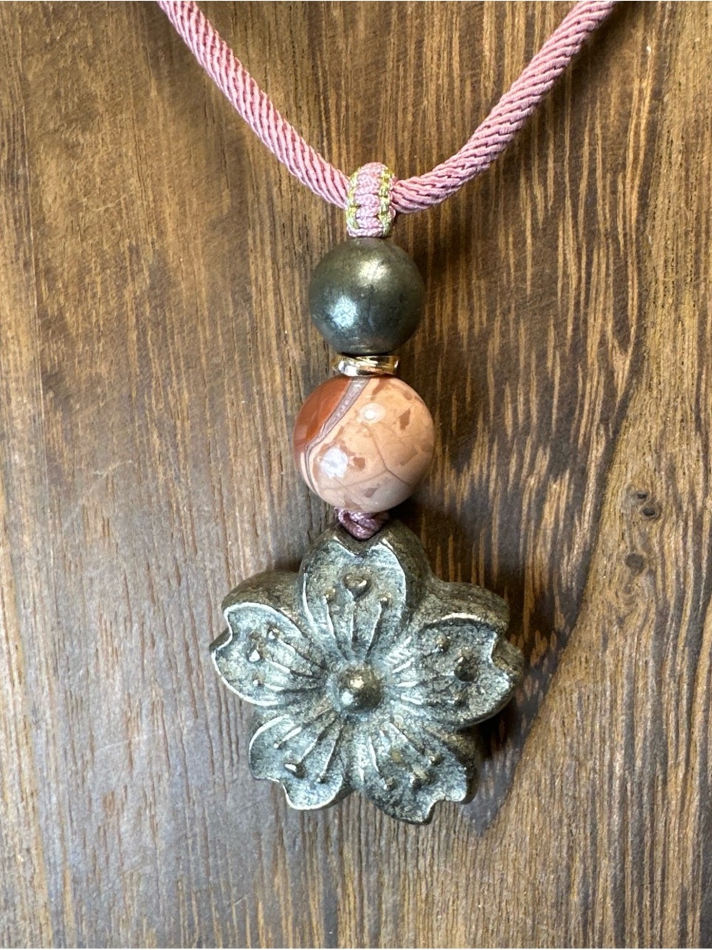 Pyrite Daisy Flower Pendant Necklace on Pink Adjustable Rope - Picture 4 of 15
